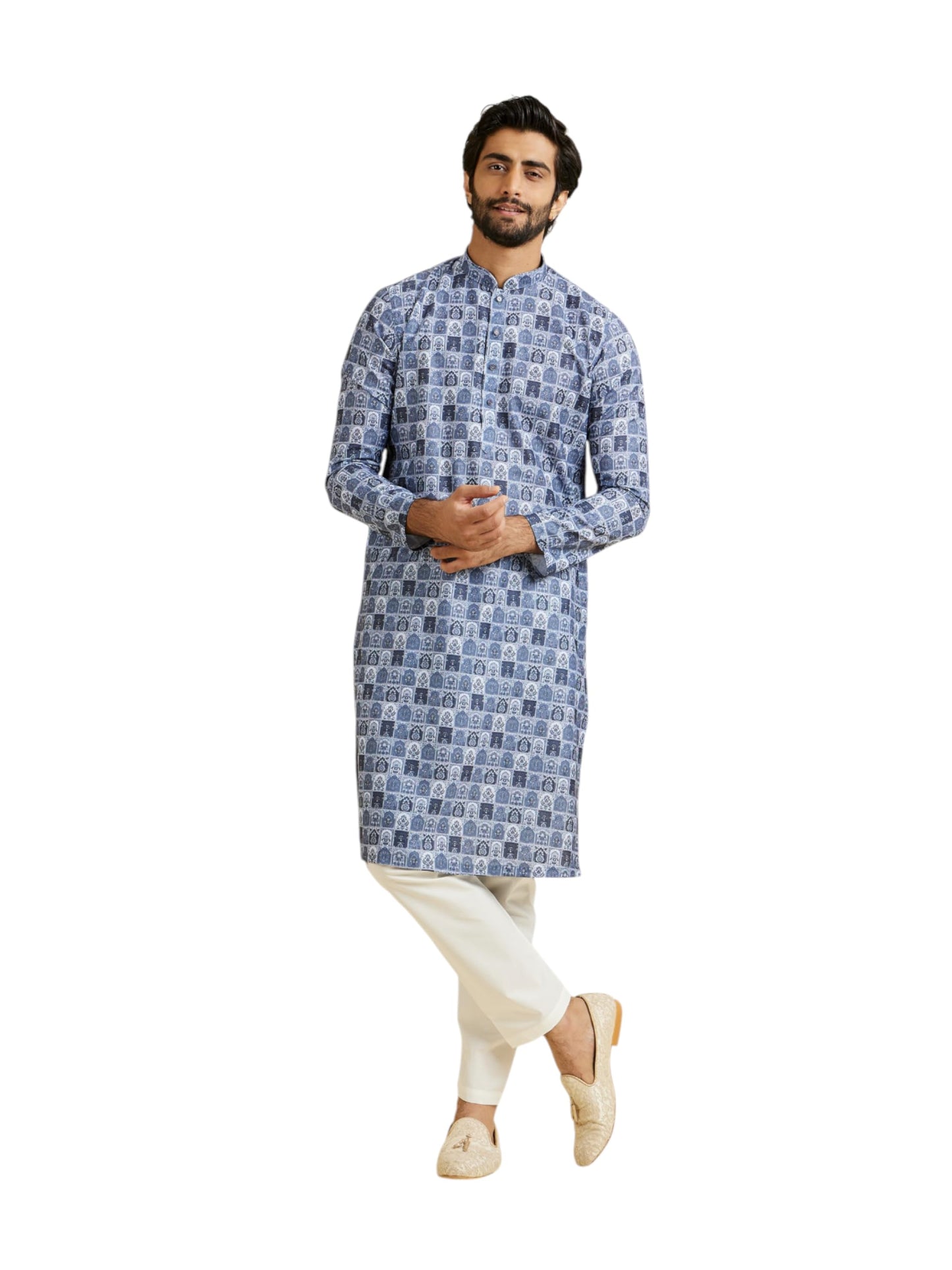 Manyavar Men's Cotton Blend Printed Kurta Pyjama Set (Greyish Blue,S)