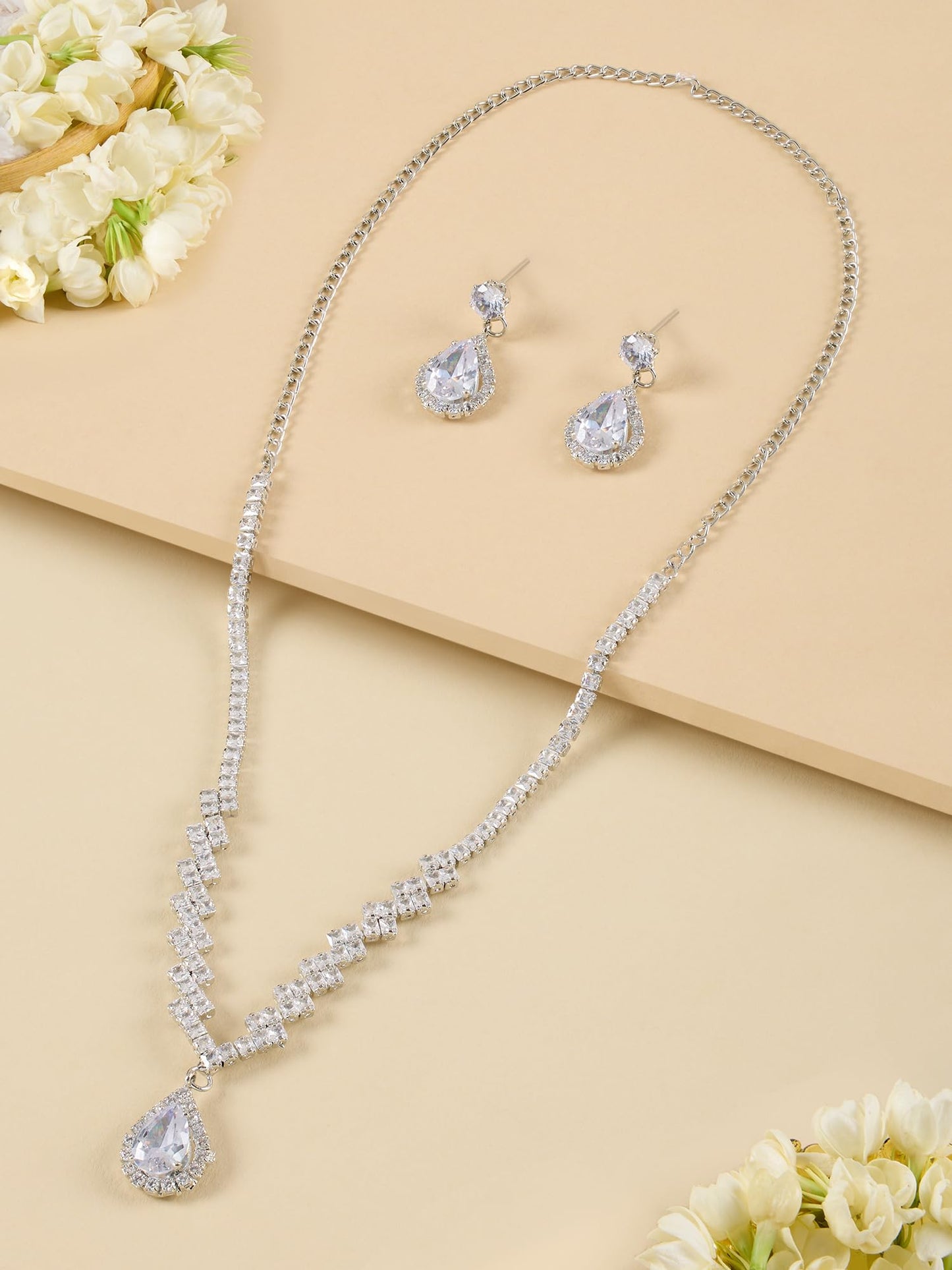ZAVERI PEARLS Silver Tone Dazzling Austrian Diamonds Embellished Contemporary Necklace & Earring Set For Women-ZPFK18200