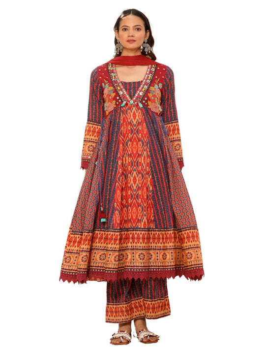 Juniper Rust Pure Cotton Ikat Printed Alia Cut Anarkali Kurta Set With Tassels & Thread Embroidery