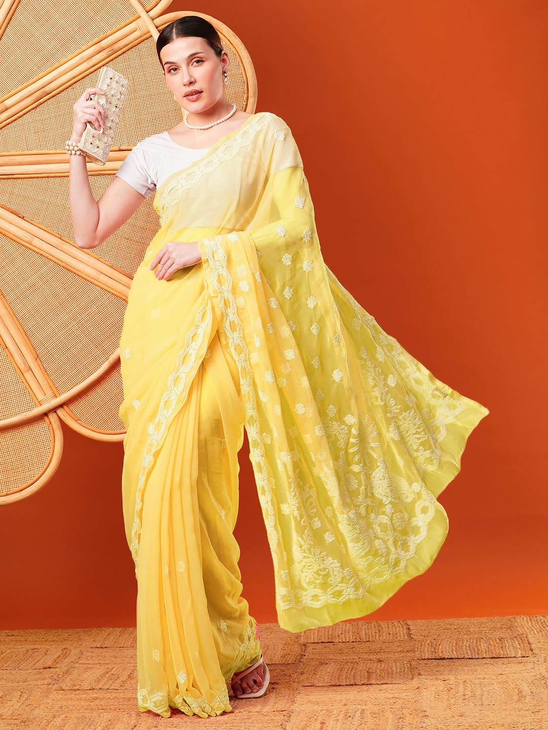 Ada Women Hand Embroidered Lucknowi Chikankari Georgette Saree With Unstitched Blouse Piece A129556, Yellow