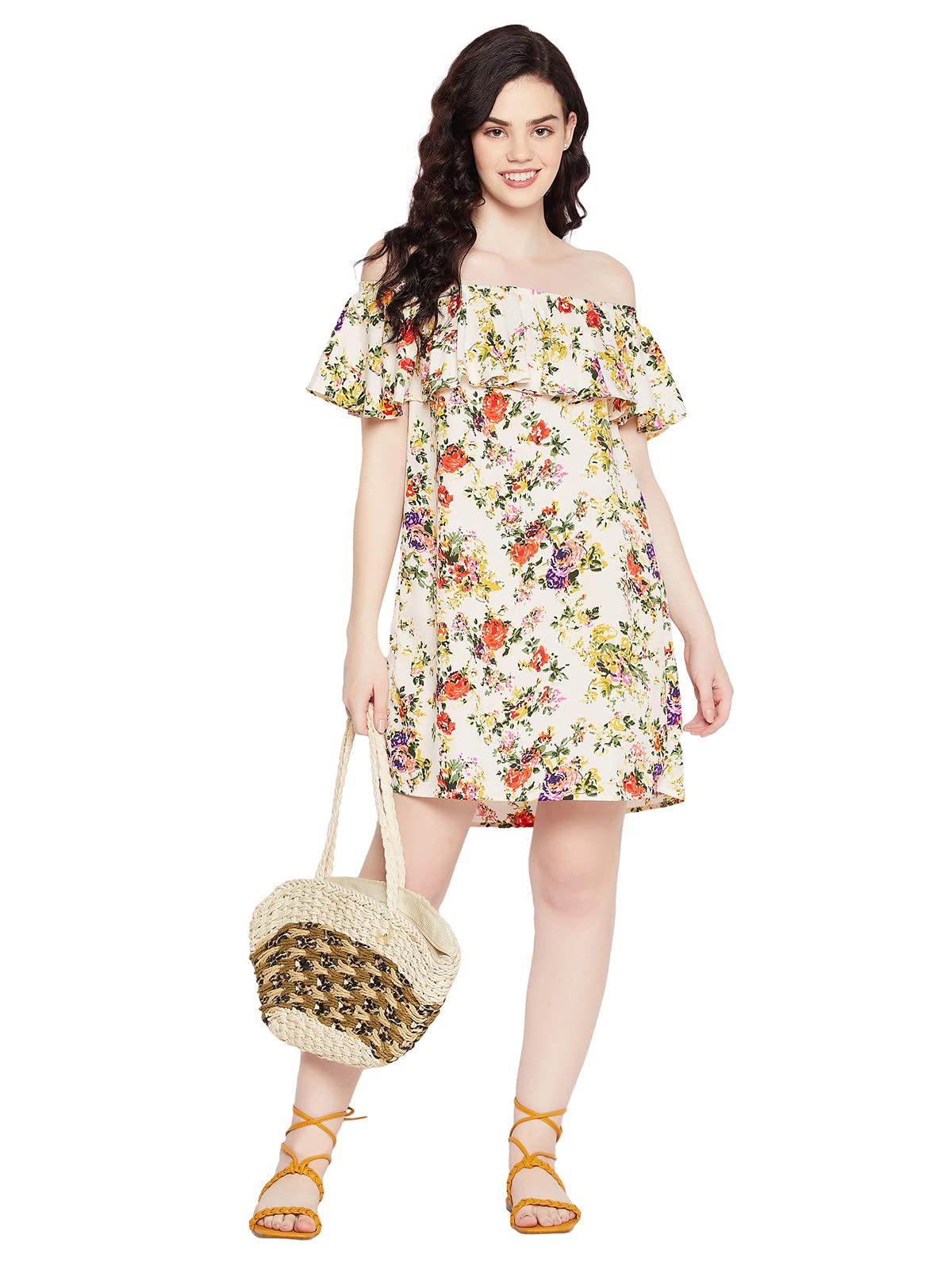 Clovia Women's Crepe Pretty Florals Resortwear Bardot Dress (RW0018P18_White_L)