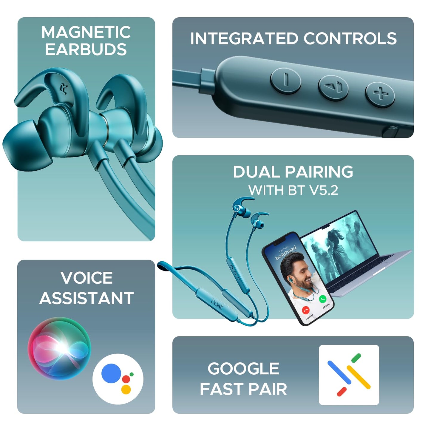 boAt Rockerz 255 Pro+, 60HRS Battery, Fast Charge, IPX7, Dual Pairing, Low Latency, Magnetic Earbuds, Bluetooth Neckband, Wireless with Mic Earphones (Teal Green)