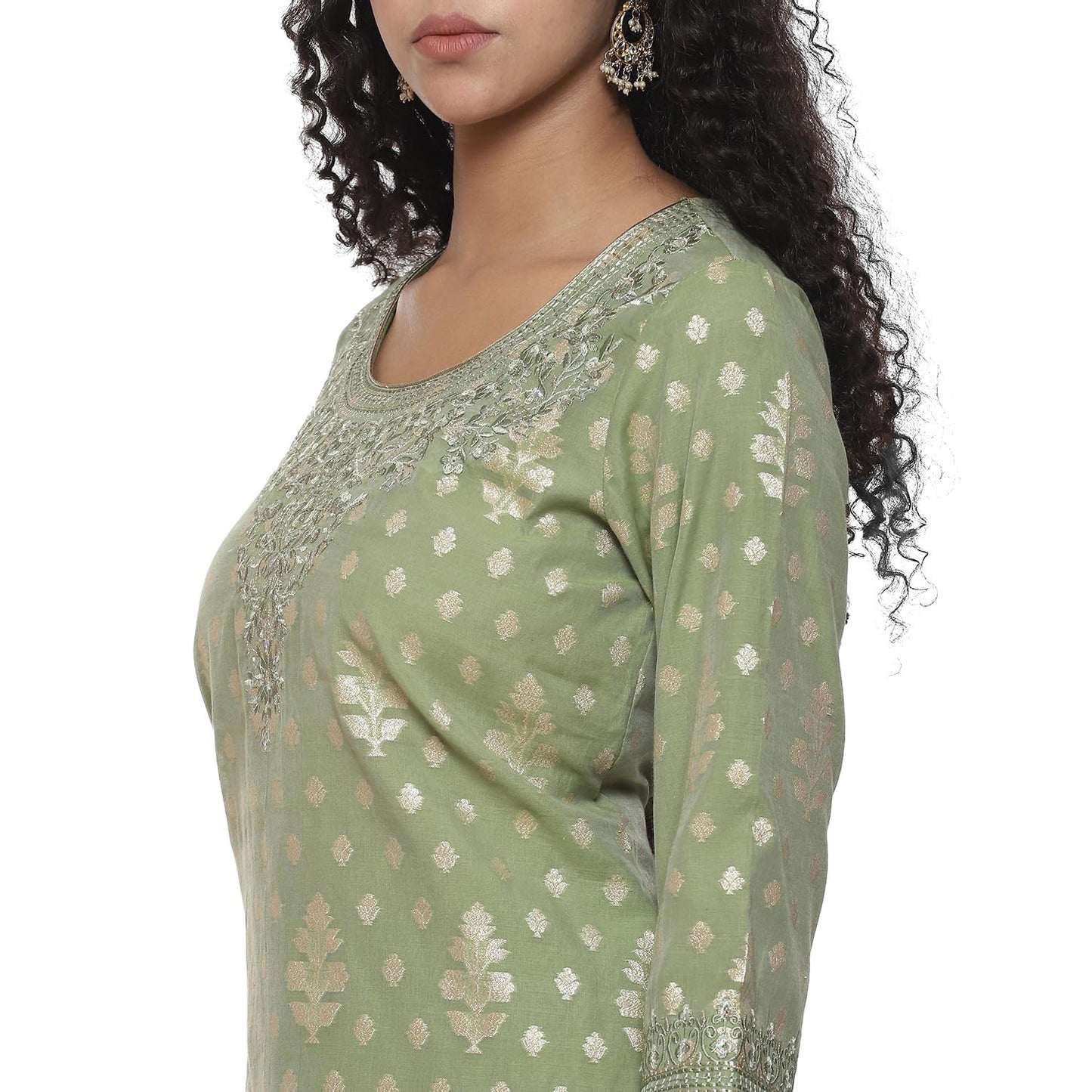 BIBA Women YARNDYED Straight SALWAR KURTA DUPATTA(SKDKINARI8924_SAP GREEN_38)