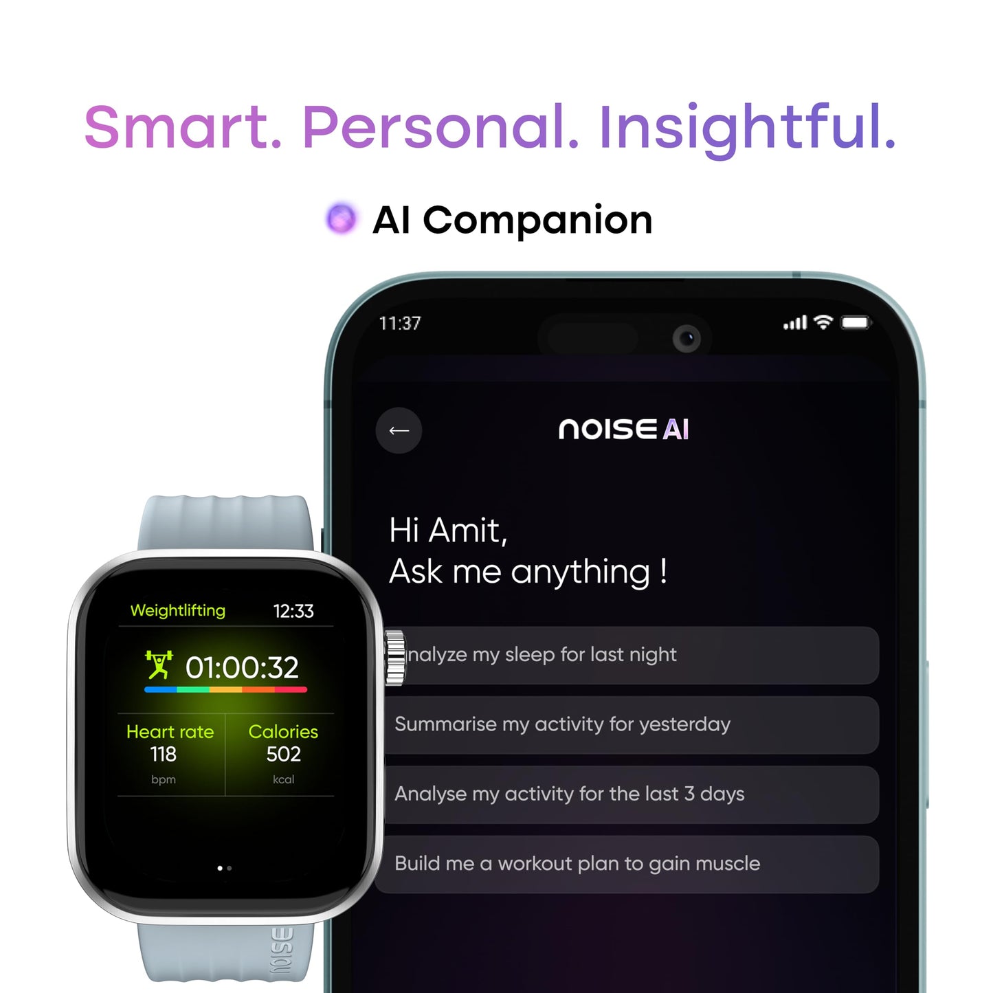 Noise Pro 6 Smart Watch:Intelligent AI, Endless AI Watch Faces, AI Companion, 1.85” AMOLED, EN2 Processor, Nebula UI 2.0, Emergency SOS, Compatible with iOS & Android(Ice Blue)