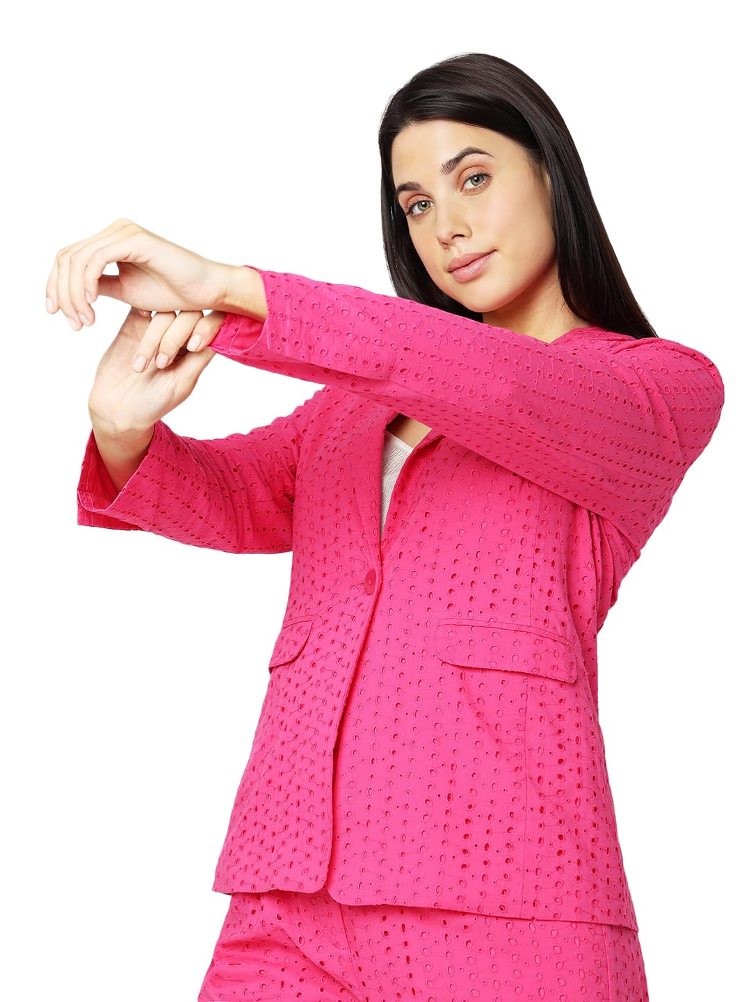 VERO MODA Women Self Design Pink Cotton Regular Fit Single Breasted Blazer