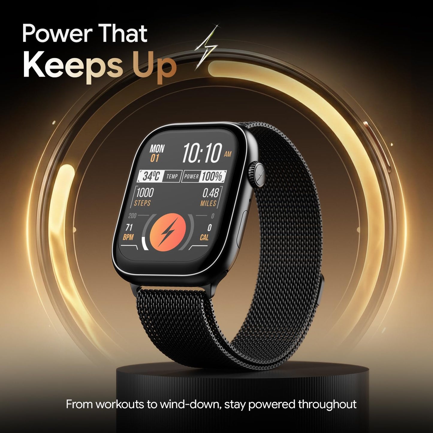 Fire-Boltt Ninja X Ring Smart Watch 1.96" Always On Display Bluetooth Calling, Voice Assistant, SpO2 & Heart Rate, 120+ Sports Modes, IP67 Waterproof Smartwatch for Men & Women - Black Mesh