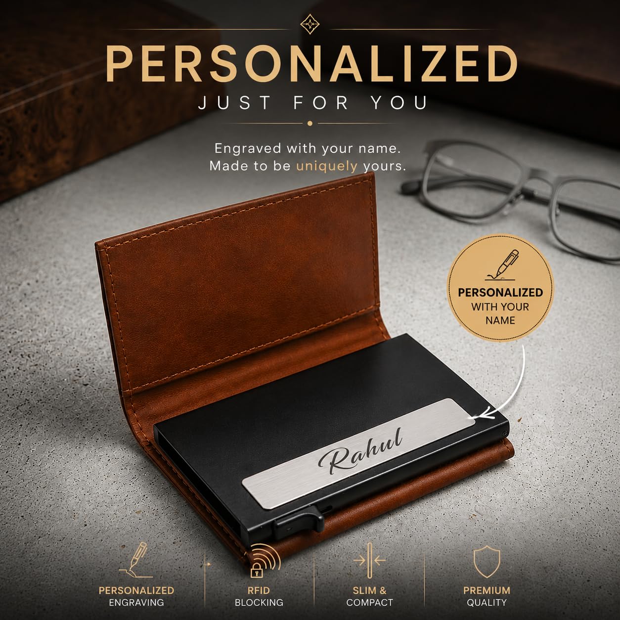 The Bae Gift RFID Protected Wallet | Personalised Gift for Man Custom Name |Pop-up Card Holder | Up to 8 Cards | Credit & Debit Cardholder