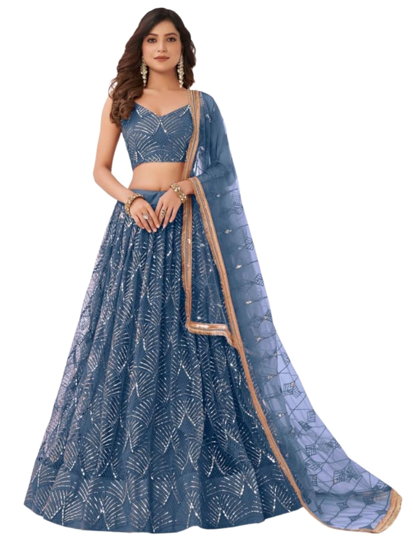 JIHU CULTURE Women's Net Lehenga Choli Set with Thread and Sequence Embroidery Work, Original Mirror Handwork Semi-Stitched Lehenga, Unstitched Blouse & Net Dupatta