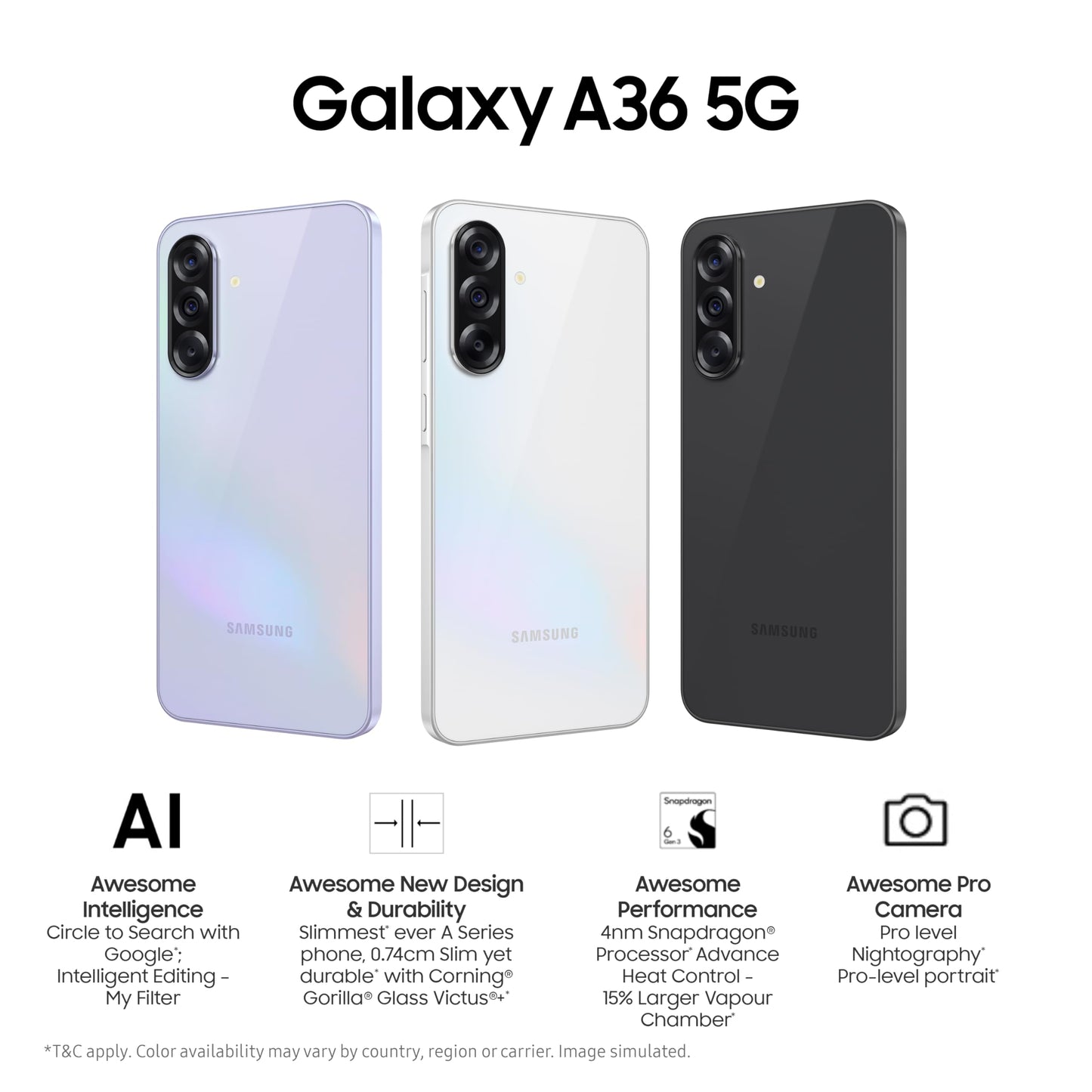 Samsung Galaxy A36 5G (Awesome Lavender, 8GB, 128GB) | Awesome Intelligence: Circle to Search, Intelligent Editing | Awesome 4nm Snapdragon Processor | Flagship Grade Selfie Camera