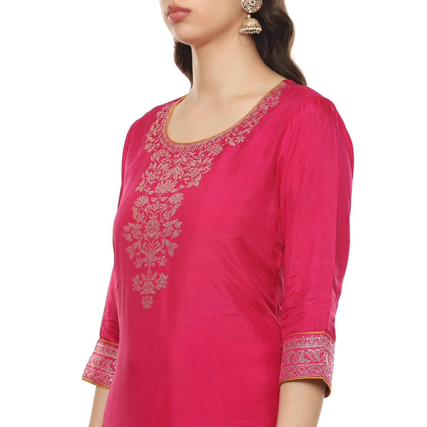 BIBA WOMEN YARNDYED STRAIGHT SALWAR KURTA DUPATTA(SKDBANARASI8848_FUCHSIA_38)