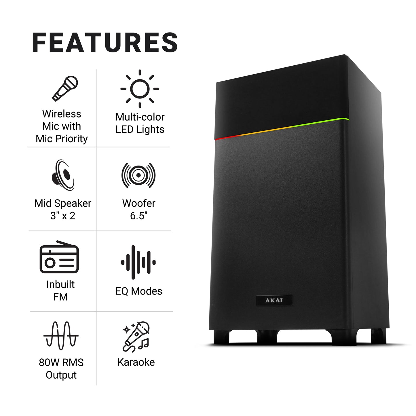 AKAI UltraBoom-80 Bluetooth Party Speaker with Mic, 80 Watts High Bass, LED Lights, Home Theater Music System, Karaoke MIC Speaker, HDMI (ARC), AUX, USB, FM, Remote, Surround Sound for TV & Events