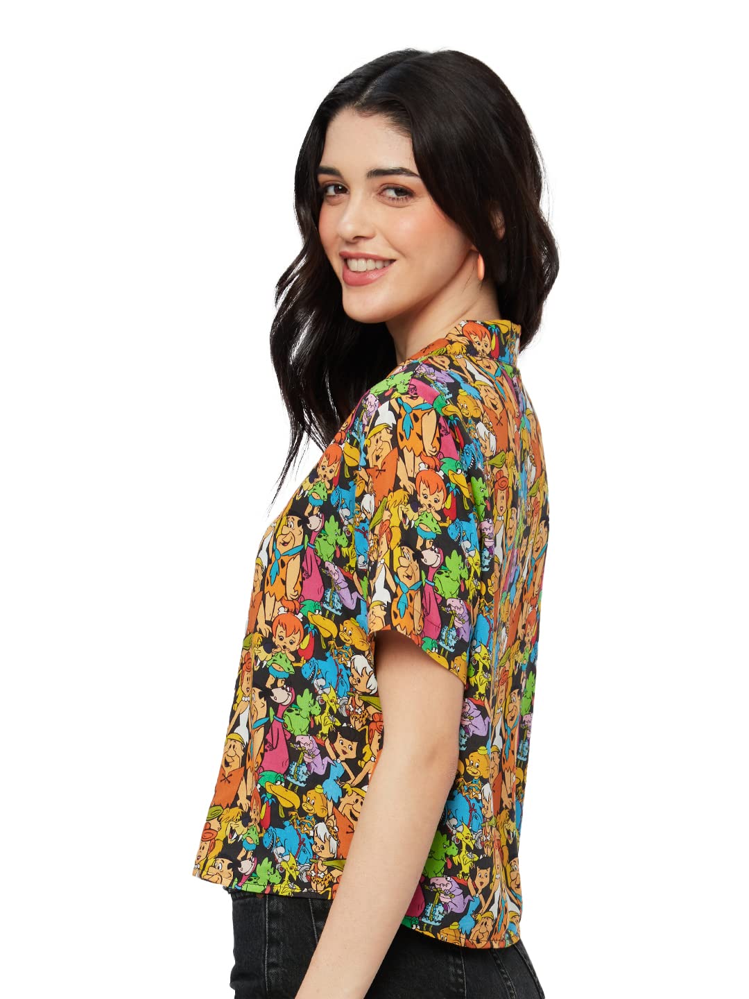 The Souled Store| Official The Flintstones: Gang Womens and Girls Shirts|Half Sleeve|Regular fit Graphic Printed|100% Rayon Black Color Women Hawaiian Shirts