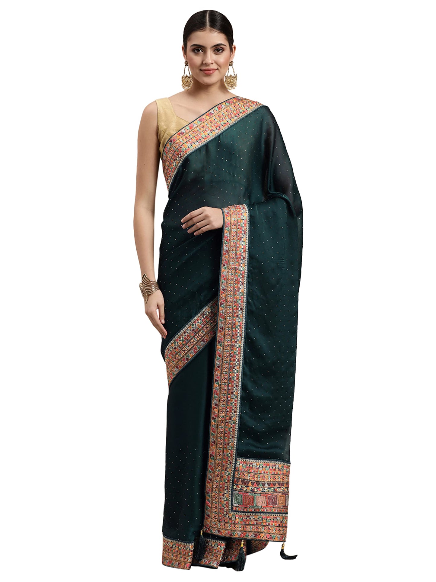 MOHEY Women's Saree, All Over Boota, Border Saree with Blouse Piece, Traditional Womens Saree, Satin (Blue)