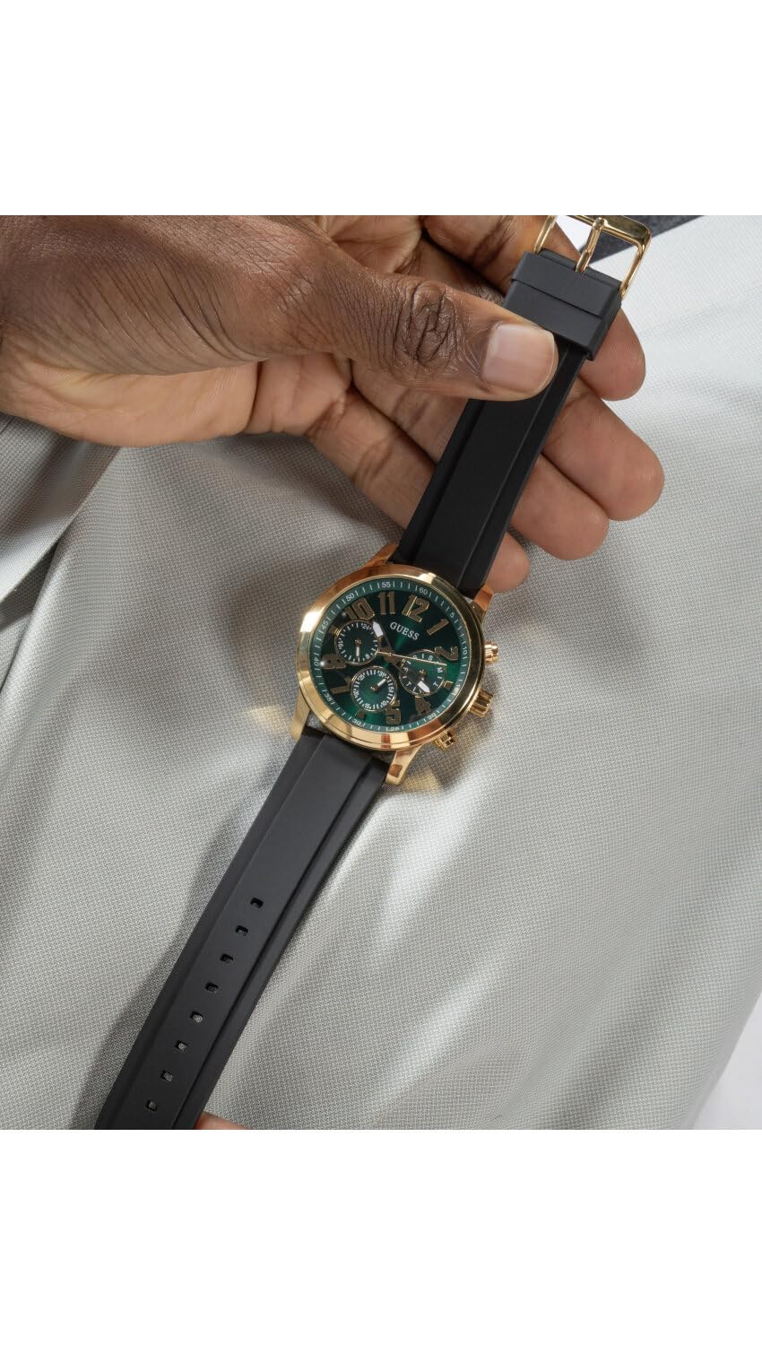 GUESS Men's Silicone Analog Green Dial Black Band Watch-Gw0708G2