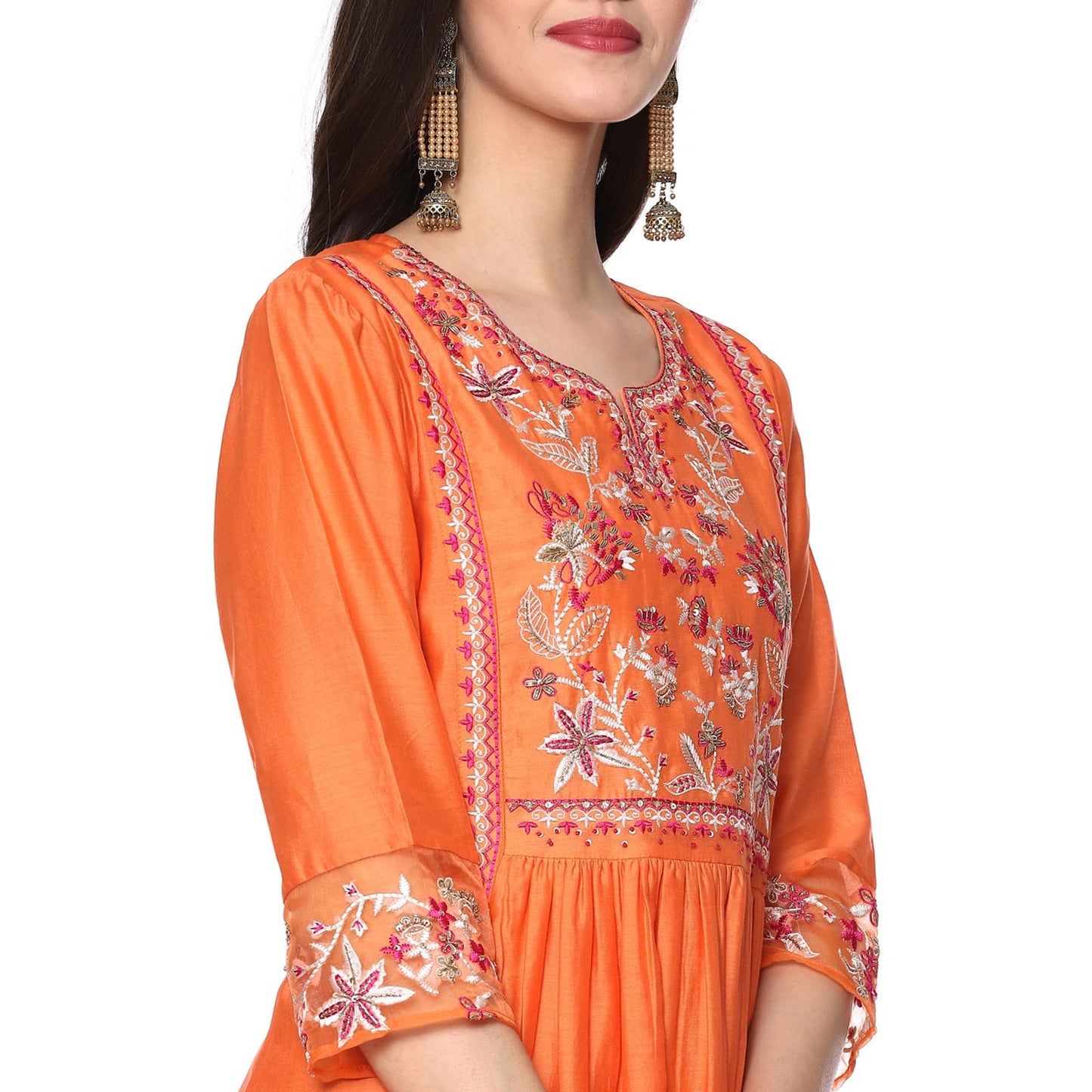 BIBA Silk Blend Women Embroidery Straight Salwar Kurta Dupatta(Skd8105_Orange/Pink_34)