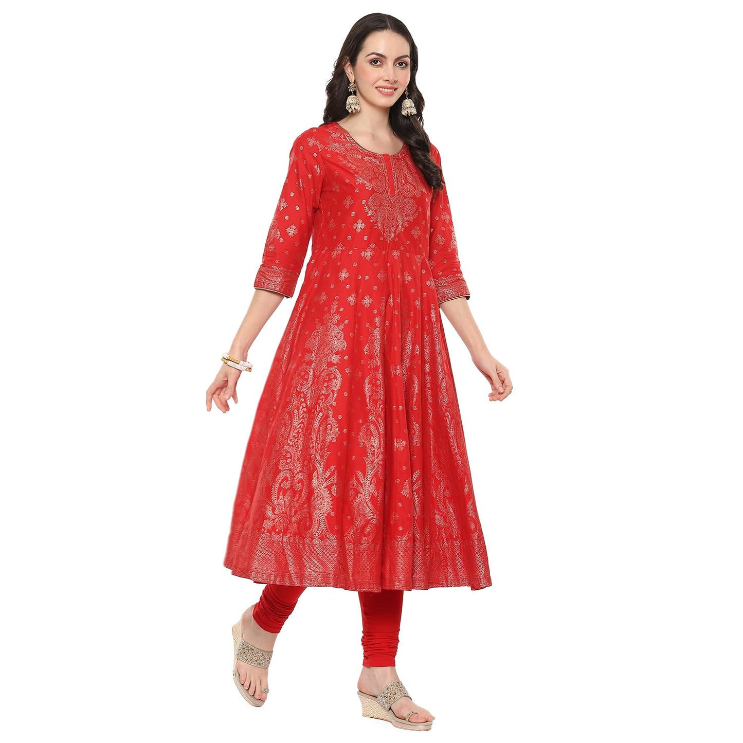 BIBA Women Cotton Printed Anarkali Salwar Kurta Dupatta(Skdgold Mur9148_Red_42)