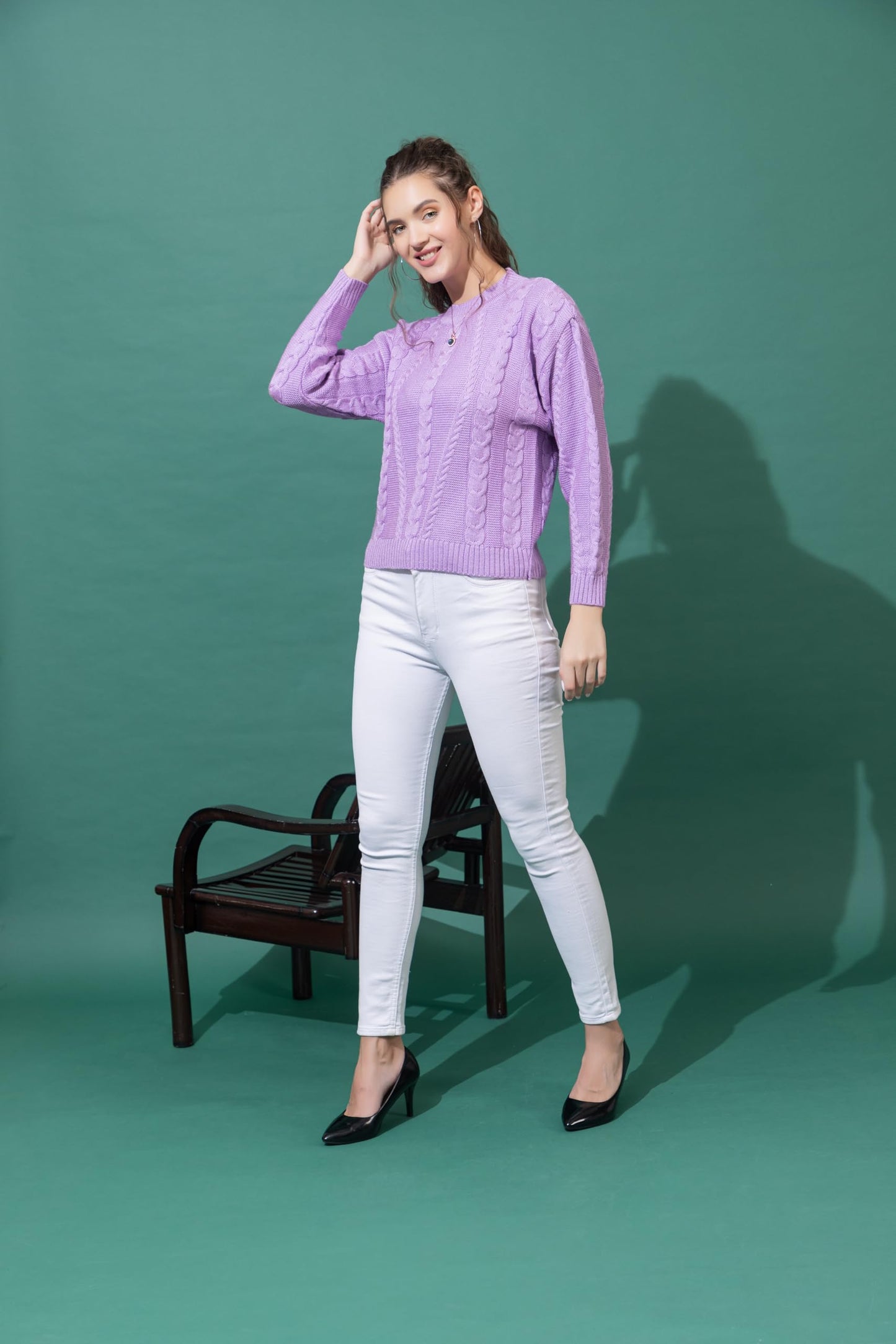 Wear lusso Women Sweater for Winter Woolen Full Sleeves Round Neck Cable Design Stylish Sweater for Winter Season (in, Alpha, L, Lavender)
