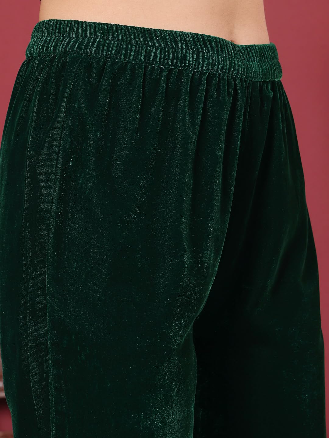 Varanga Women Green Velvet Round Neck Yoke Embroidered Straight Kurta Paired With Tonal Bottom And Embroidered Dupatta With Four Sided Fringes