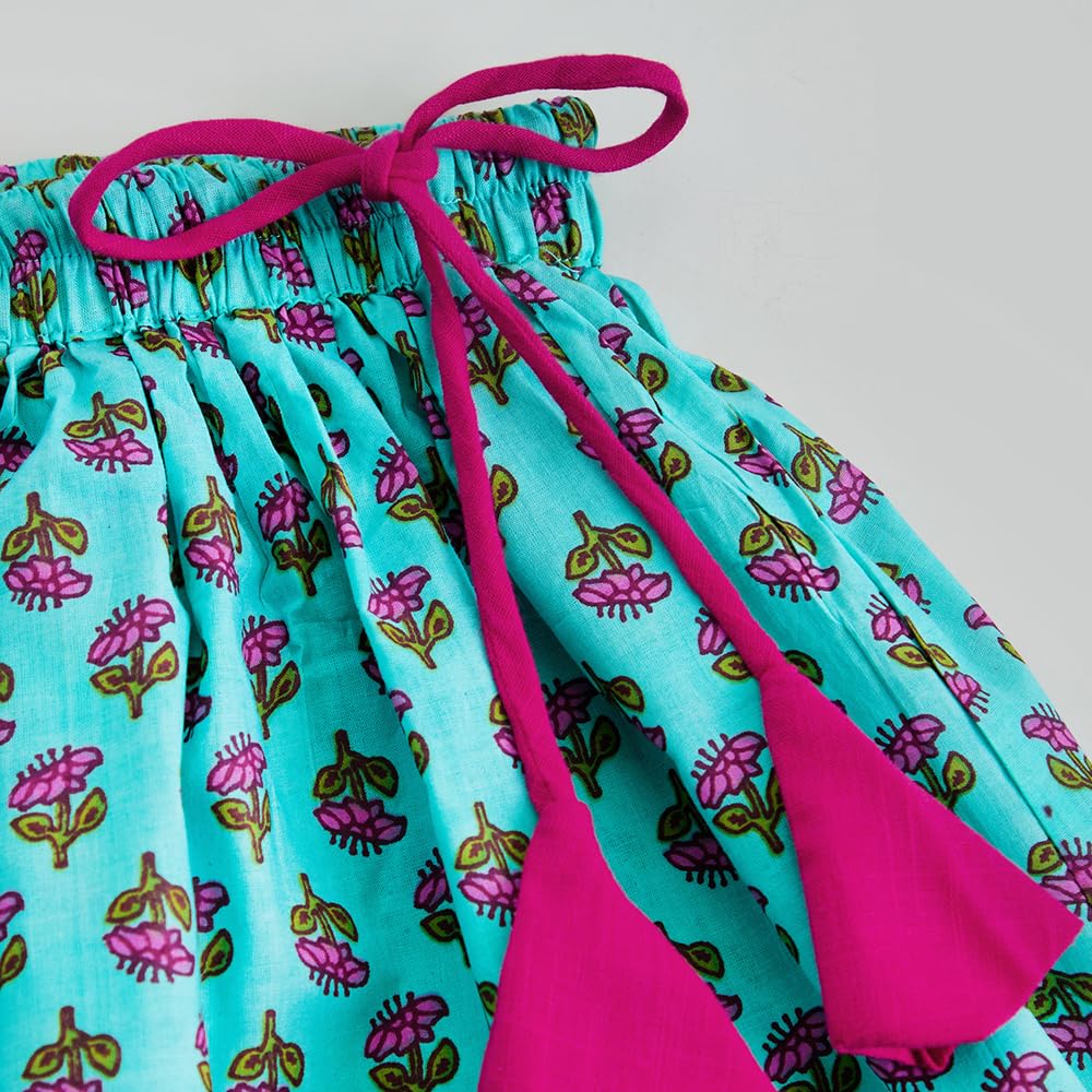 Hopscotch Hoscotch Girls Floral Blue Sleeveless 2 Piece Groove & Flow Cotton Lehenga Choli Set For Ages (5-6 Years)