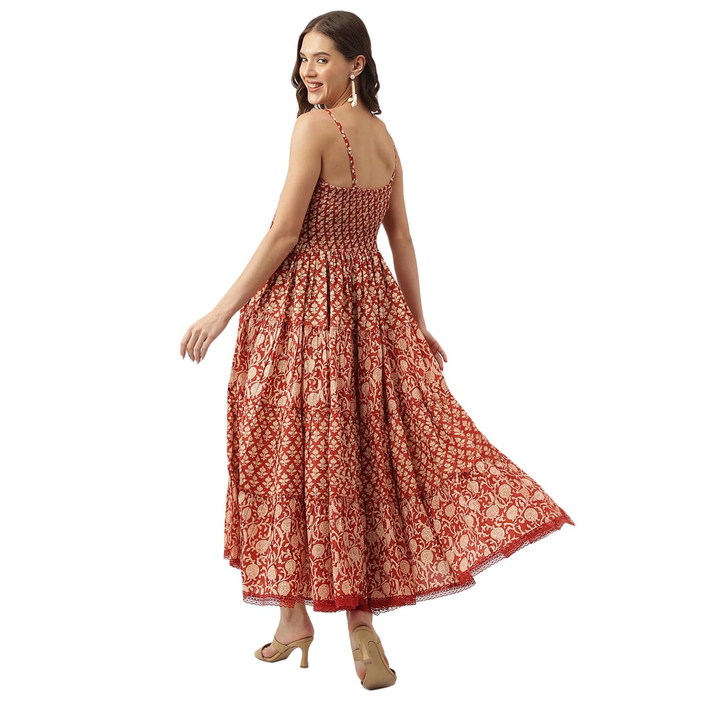 Divena Maroon Floral Printed Cotton Tiered Dress