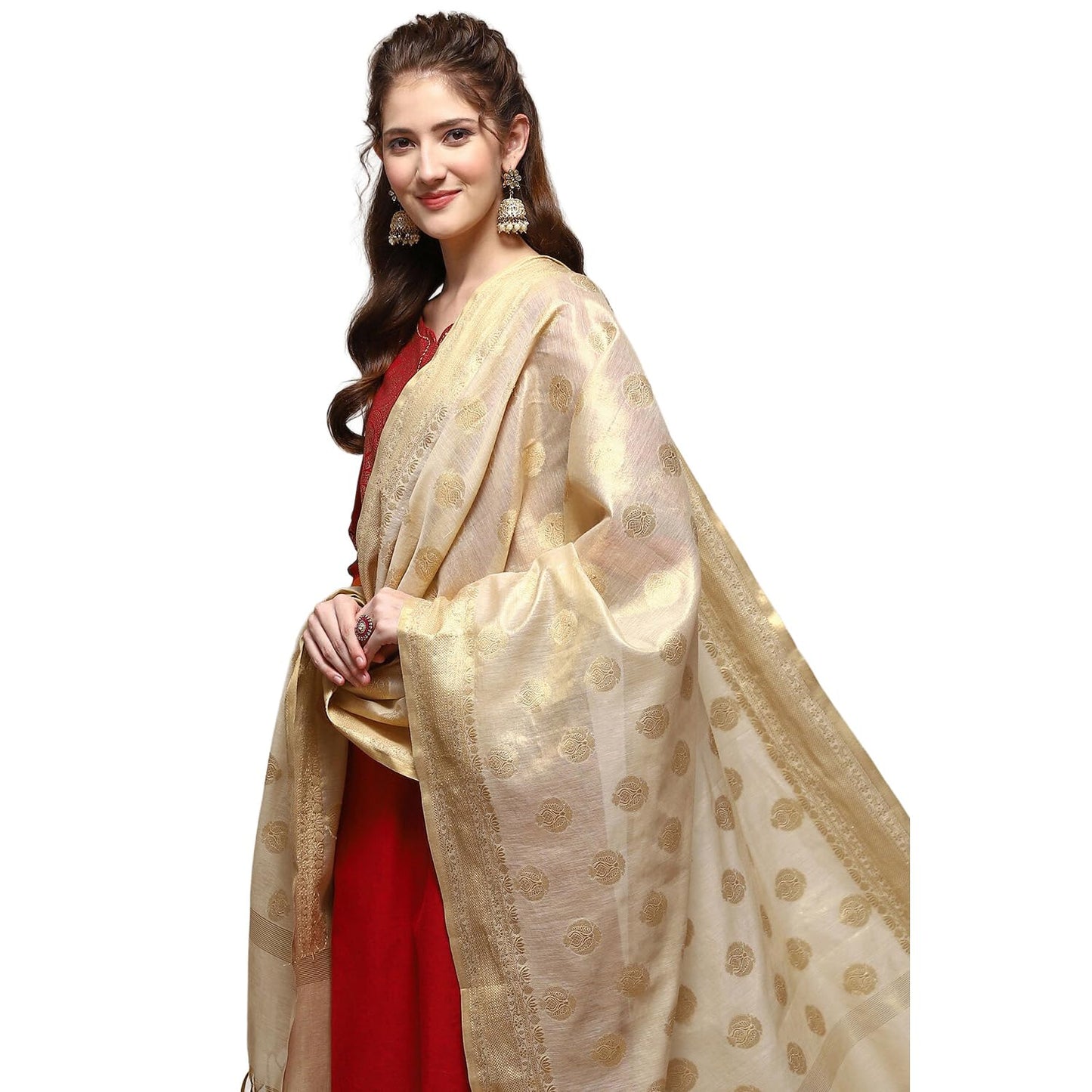 BIBA Women's Gold Polyester Yarn dyed Dupatta