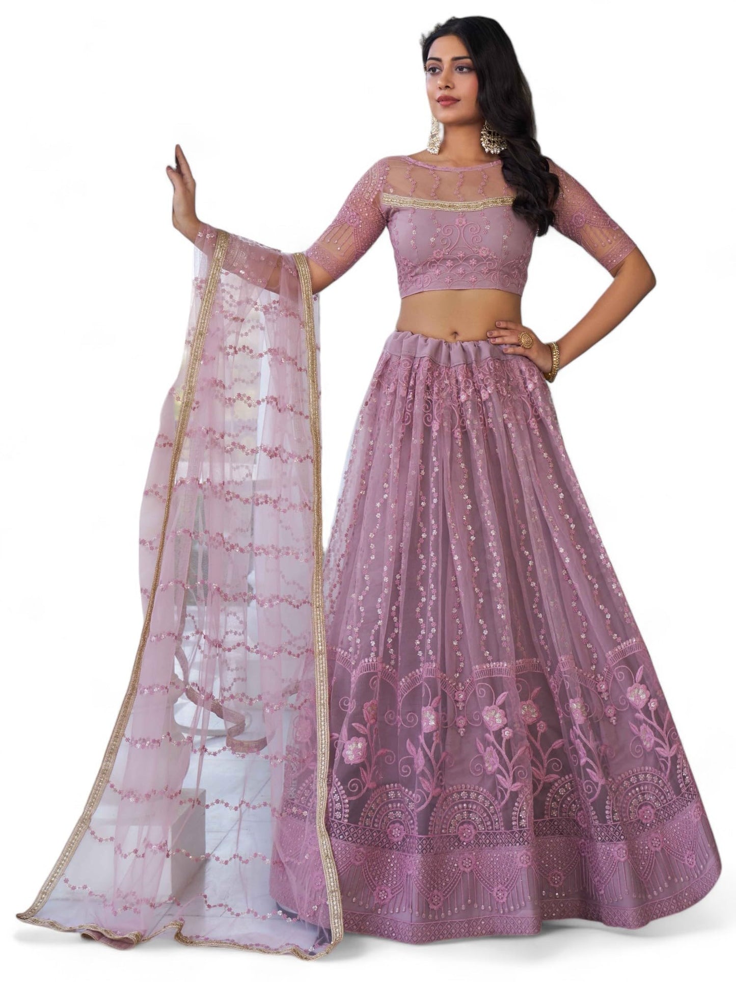 Zeel Clothing Women's Cotton Thread Sequins Work Embroidery Soft Net Lehenga Choli with Dupatta (NFH-2138-Pink-Women-Lehenga-Choli-Latest; Free Size)