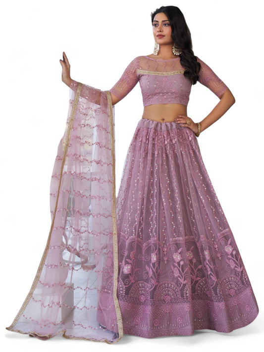 Zeel Clothing Women's Cotton Thread Sequins Work Embroidery Soft Net Lehenga Choli with Dupatta (NFH-2138-Pink-Women-Lehenga-Choli-Latest; Free Size)