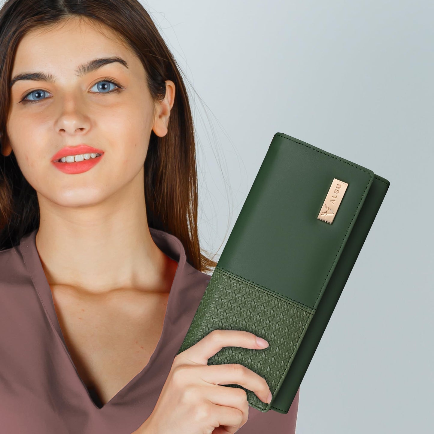 ALSU Women's Faux Leather Hand Wallet Clutch Trendy | 6 Card Slots | Phone Pocket | Zipper Pockets| Hand Purse (Green)