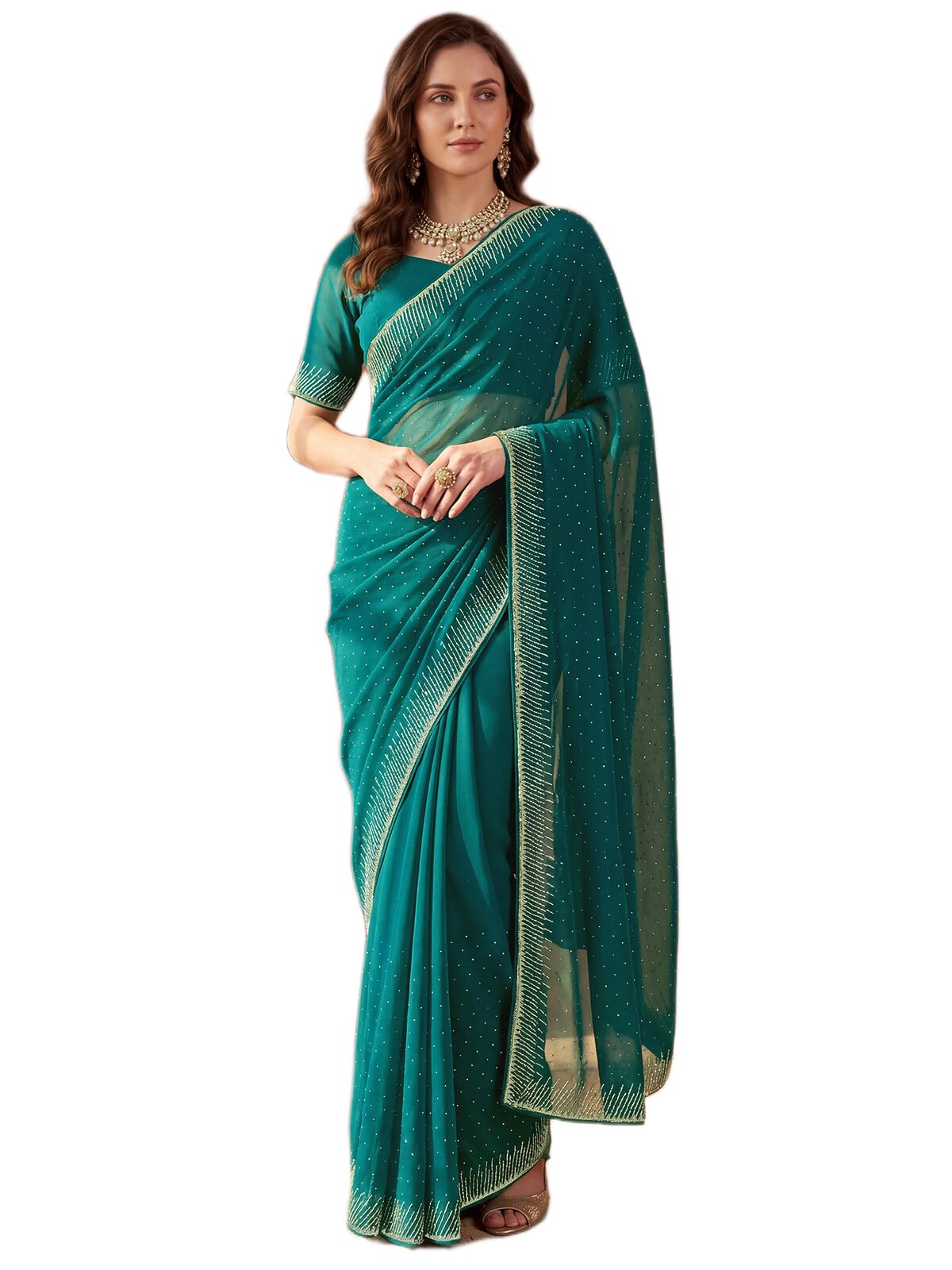 SIRIL Women's Georgette Stone Work Saree with Unstitched Blouse Piece (4998S963A_Teal Blue)