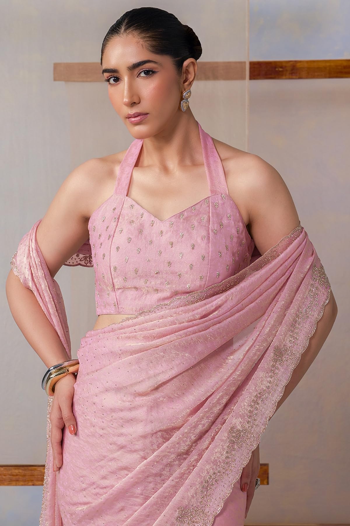 Soch Womens Blush Pink Fendy Chiffon Embellished Saree With Stone Work