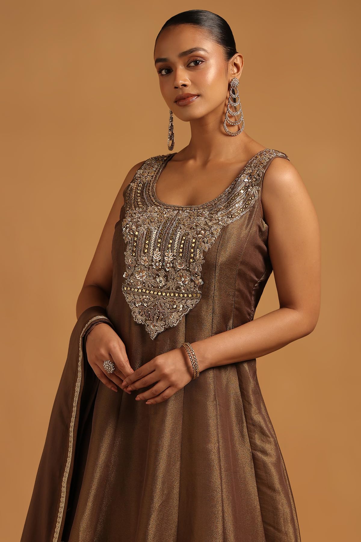 Soch Womens Olive Tissue Floral Gown with Beads and Stones