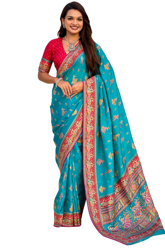 SGF11 Women's Kanjivaram Pure Soft Silk Position Printed Saree With Blouse Piece (Light Blue)