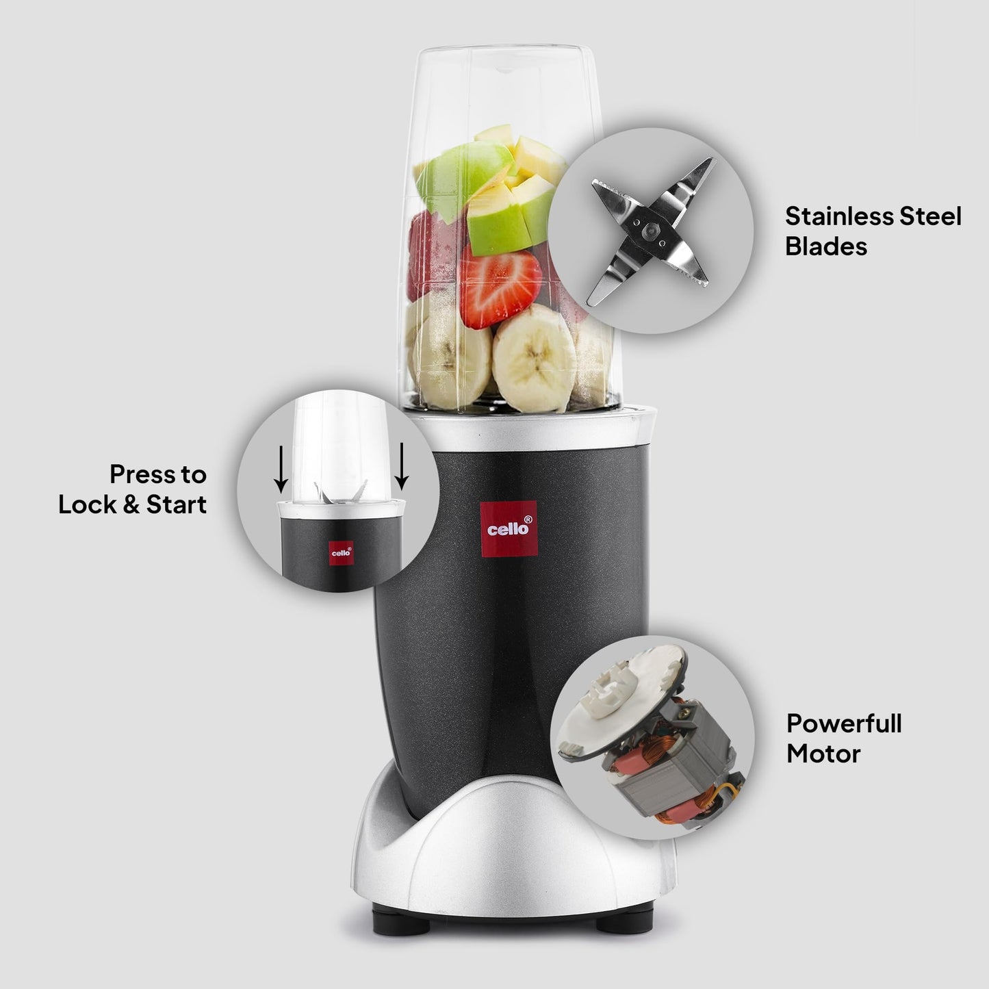 Cello Nutri Maxx Pro Mixer Grinder | 500W Copper Motor | 2 Jars + 1 Sipper Bottle | SS Blades | Cut, Chop, Blend, Whip & More | Juicer, Smoothie & Chutney Maker | 2-Year Warranty | Black