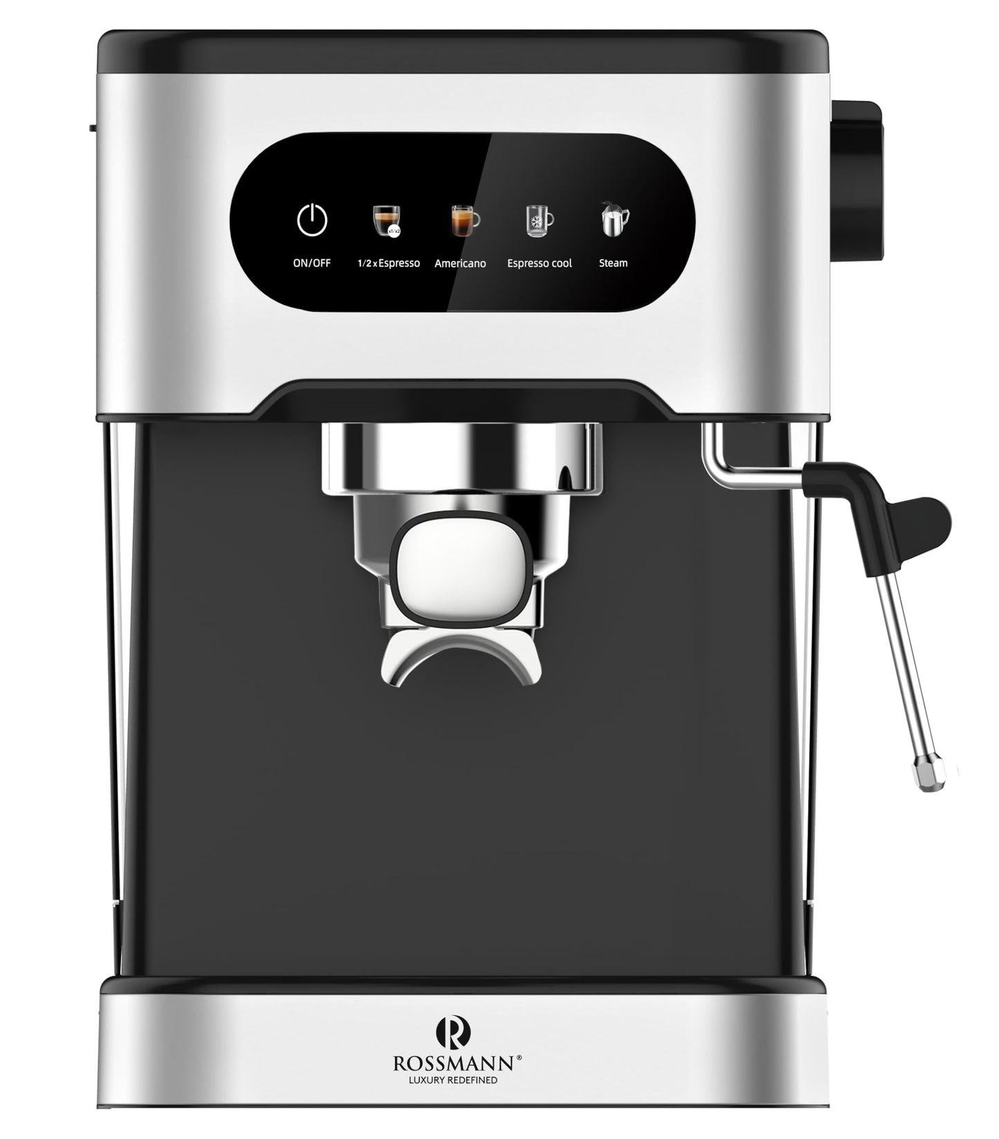 Rossmann Espresso Coffee Maker, 20 Bar Pressure Italian Ulka Pump, 1350 Watts Quick Heating Thermo Block, Easy to Use Touch Screen with 4 in 1 Funtions,1.5 Lit Water Tank, SS Frothing Wand.