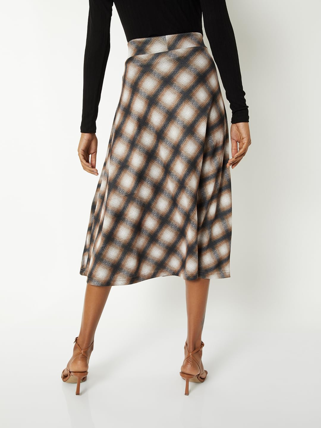 Max Women Checked A-line Midi Skirt (Beige_M)