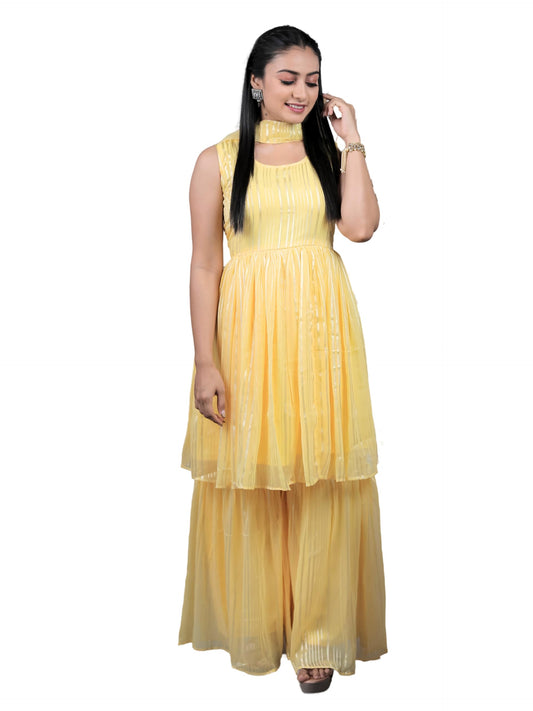 Sashay Boutique Women's Georgette Silk Blend Kurta Sharara and Dupatta Set/Readymade Kurta Sharara Dupattta Set (X-Small, Yellow)