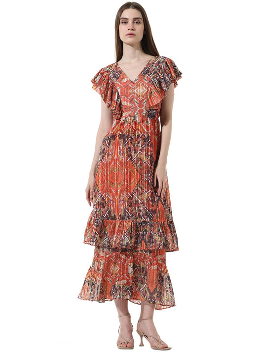 ONLY Women Printed Polyester Blend Ankle Length Brown Tiered Dress
