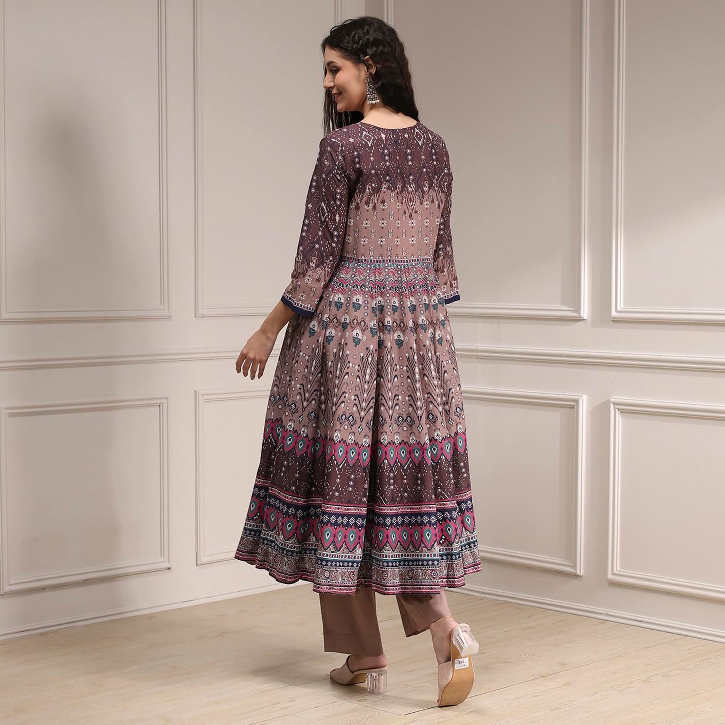 Biba Women Mud Brown Cotton Anarkali Printed Kurta Set_34