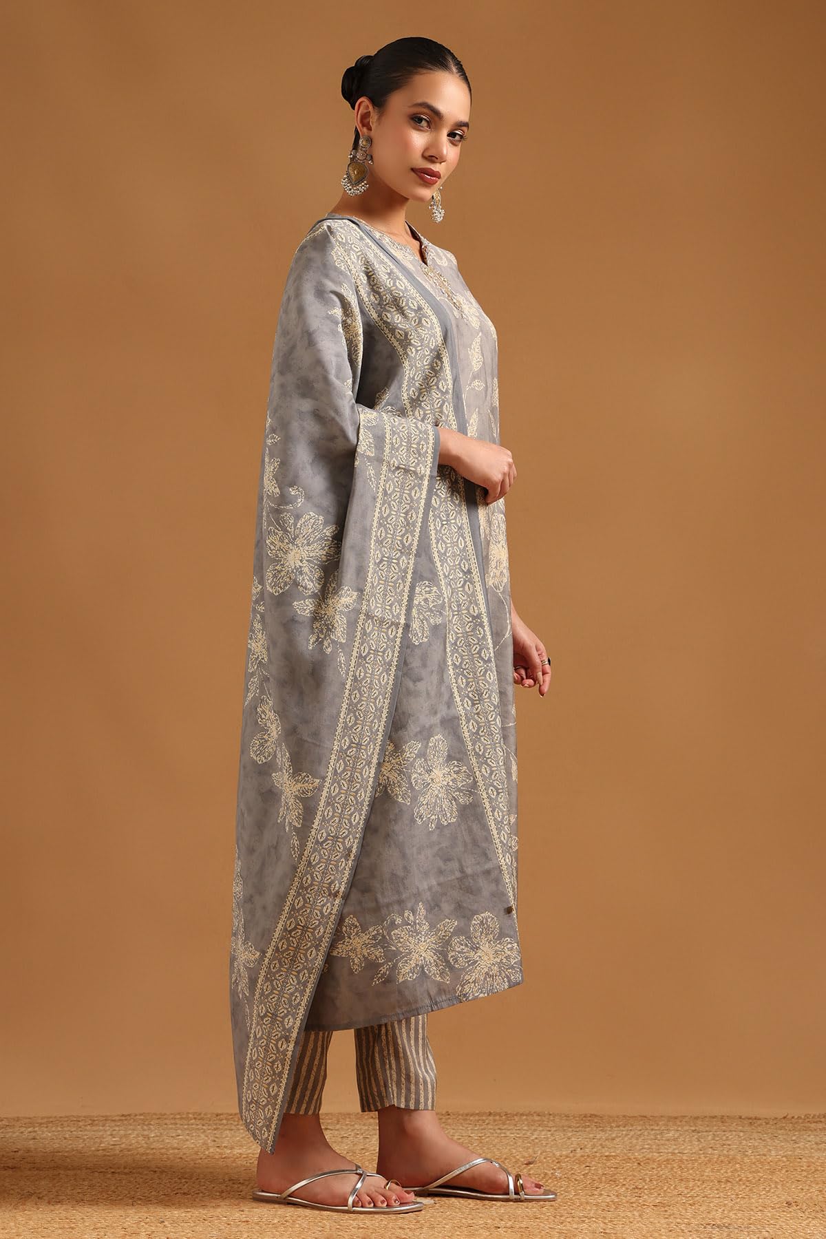 Soch Womens Grey Polyester Botanical Salwar Suit With Beads