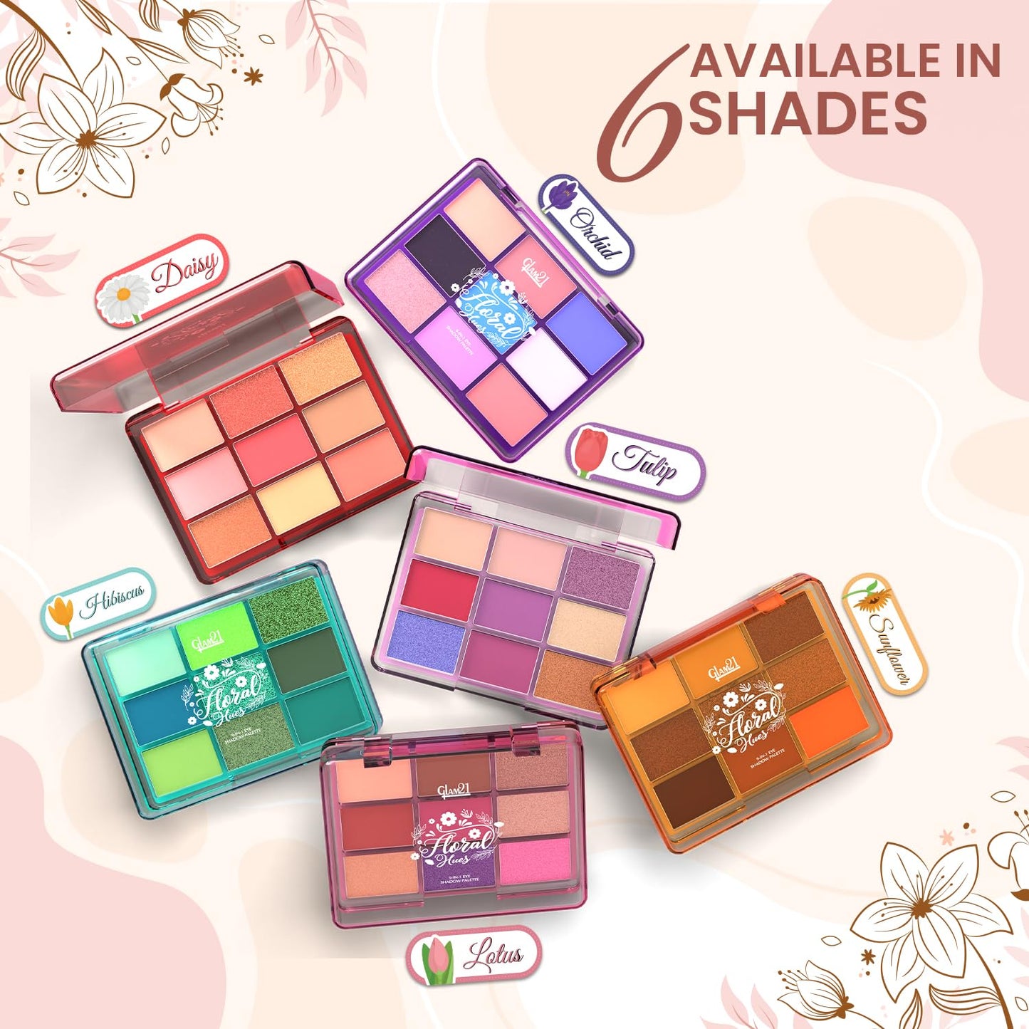 Glam21 Floral Hues 9 In 1 Eyeshadow Palette | Highly Pigmented | Easy To Carry | Super-Blendable | Mix of Matte and Shimmers Smudge-Proof (7.2 gm) | 03- Tulip