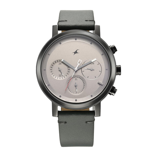 Fastrack Tick Tock Quartz Analog Grey Dial with Grey Leather Strap Watch for Guys-3287KL05