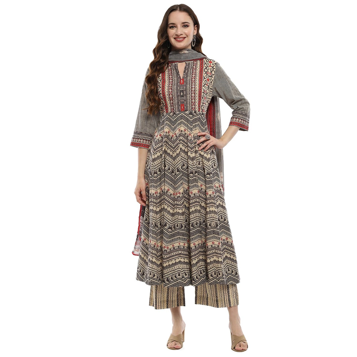 BIBA Women's Beige Cotton Anarkali Suit Set (SKD9727SS24BEG