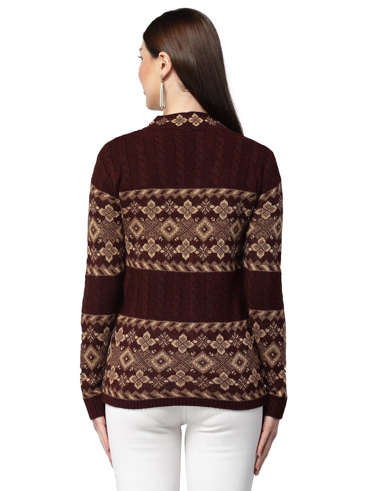 Kalt Women Sweater for Winter Woolen Acrylic Full Sleeves V-Neck Jacquard Design Cardigan Sweater for Women Winter Woollen Stylish(Maroon;7XL)