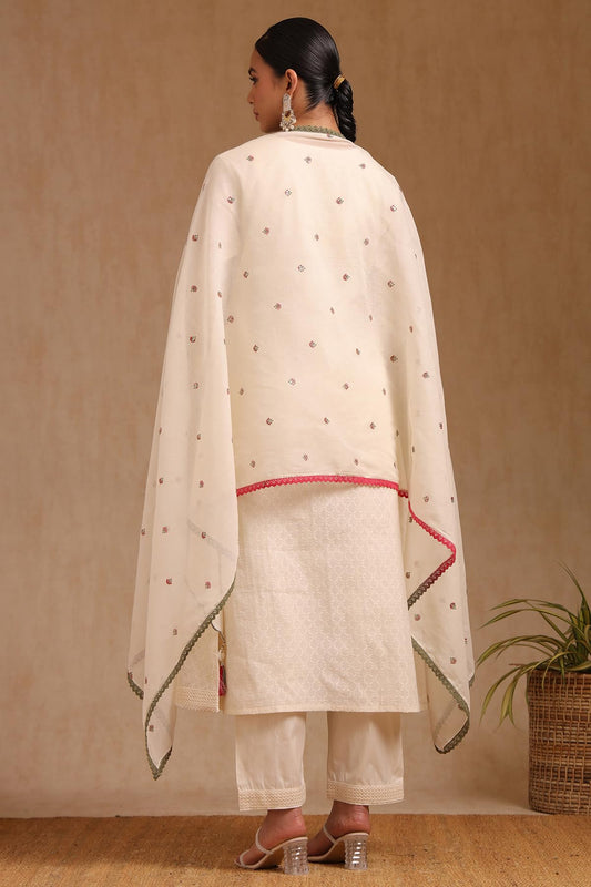 Soch Womens Off White Cotton Floral Print Suit Set With Thread Work