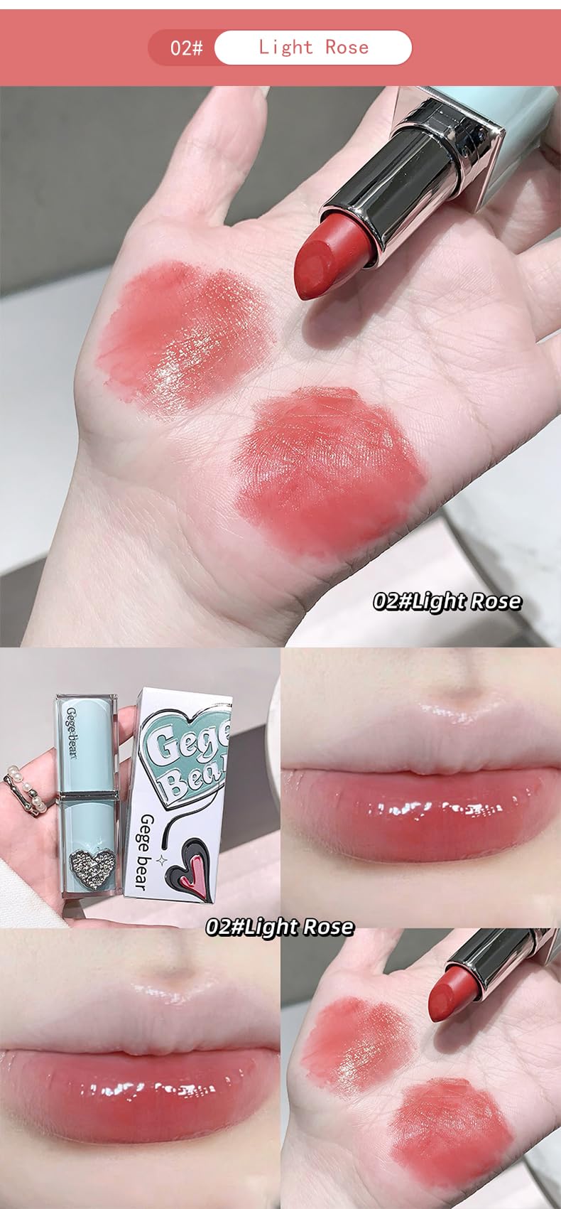 Gege Bear Crystal Clear Love Sandwich Lipstick for Women | Glossy Mirror Shine | Moisturizing, Lightweight & Non-Sticky Formula | Love-Tinted Colors that Glide Like Butter | 6 Irresistible Shades to Steal the Spotlight | (02# Light Rose, 3.8g)