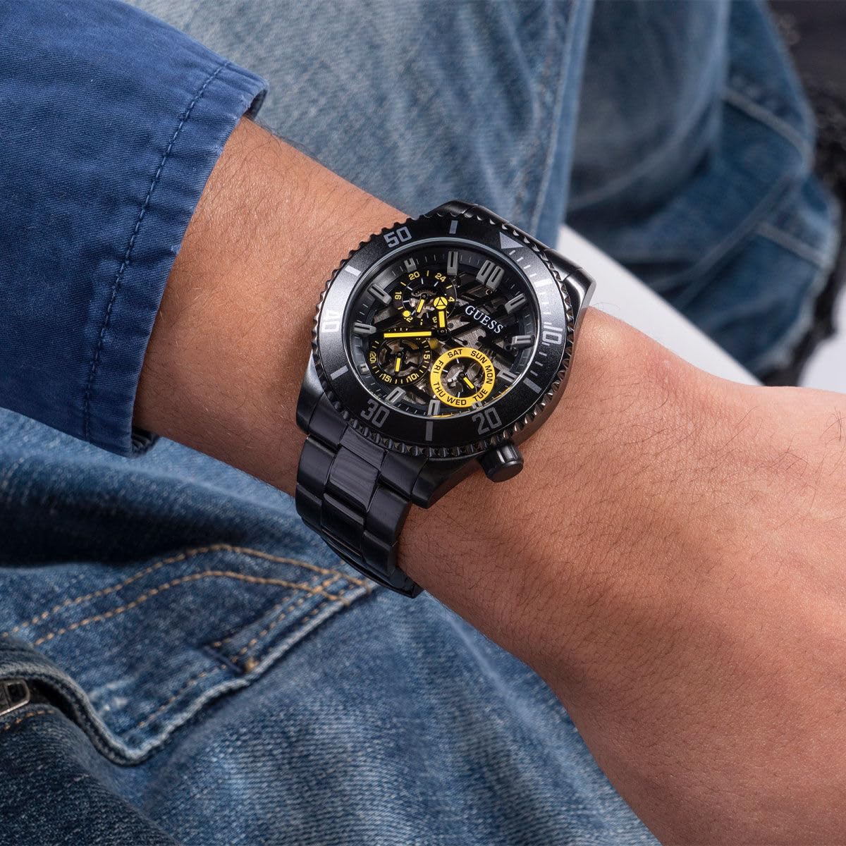 GUESS AXLE Collection Multi-Function Mens Analog Black Dial Coloured Quartz Watch, Round Dial with 45 mm Case Width - GW0488G3