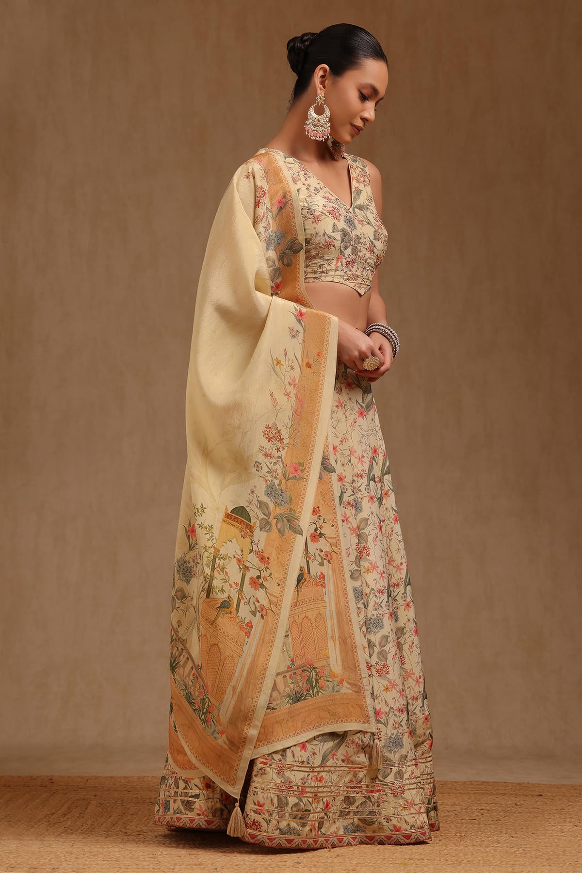 Soch Womens Beige Tissue Botanical Print Ghagra Choli With Thread Work