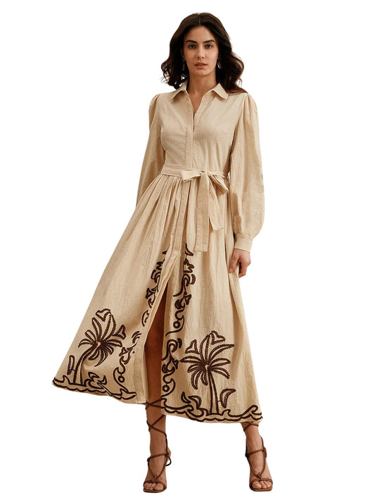 SMOWKLY Cotton Blend Women's Casual Embroided Dress Mid-Length Maxi Dress for Woman ||Stylish Frocks for Women ||One Piece Dress for Women || Long Midi Dress for Woman || Party & Beach Wear Cream