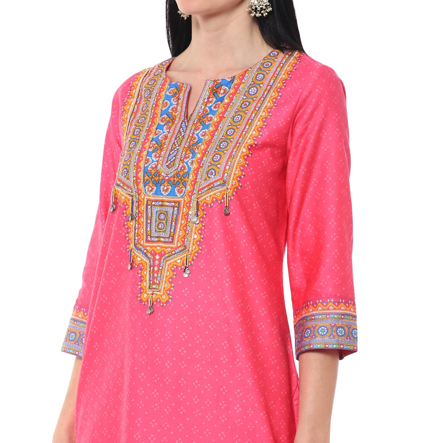 BIBA Women's Cotton PRINTED STRAIGHT KURTA SALWAR KURTA DUPATTA(SKDINDIE BOHO9454_FUCHSIA_38), Straight Fit, XL