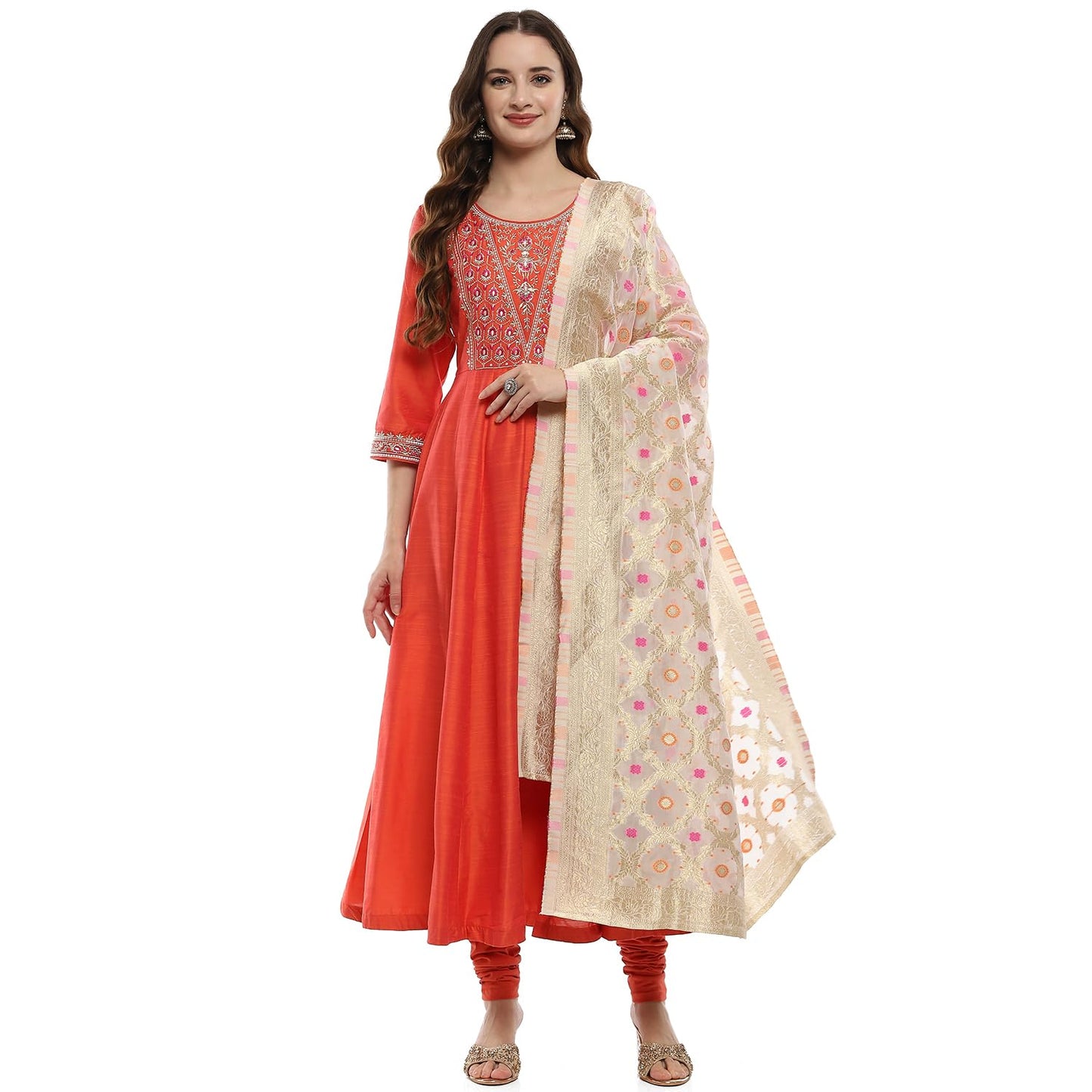 BIBA Women's Orange Polyester Blend Anarkali Suit Set (SKDTGLDWE9622AW24ORG